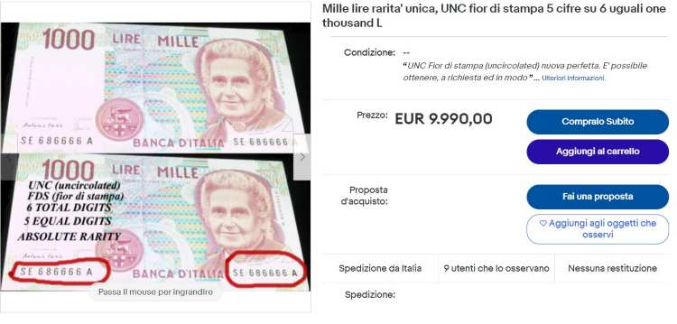 Mille lire in vendita su ebay