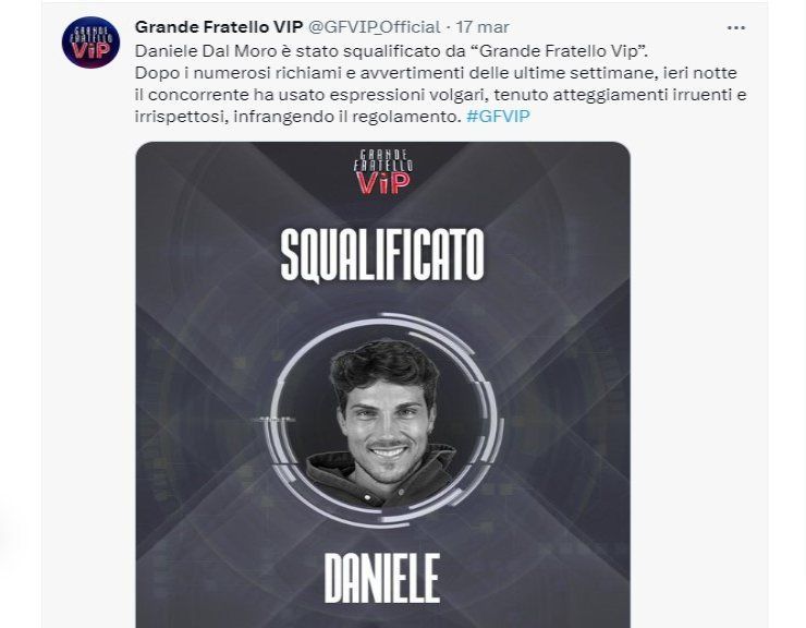 Gf Vip motivo squalifica Daniele