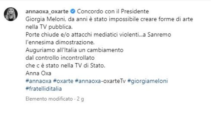 Post di Anna Oxa in sostegno a Meloni